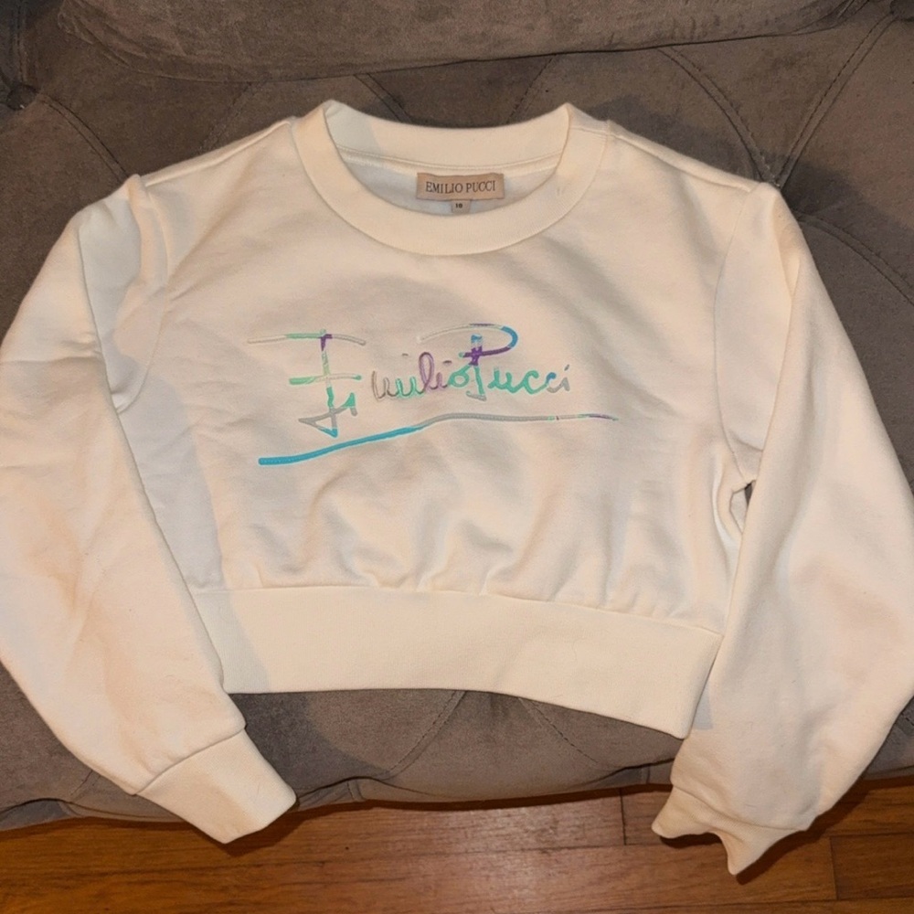 Emilio Pucci Cream Cropped Sweatshirt with Multicolor Logo